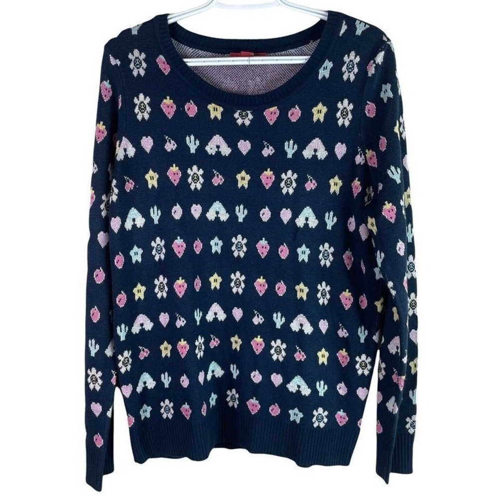 Saks Fifth Avenue Sweater Womens L Navy Blue‎ Intarsia Novelty Print Knit
